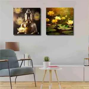 SAF paintings Wooden Framed Canvas Painting ||Set Of 2 Lord Buddha Canvas Wall Art Painting for Home Décor Office||For Bedrom,Living Room Home wall and Office Interior CR-170