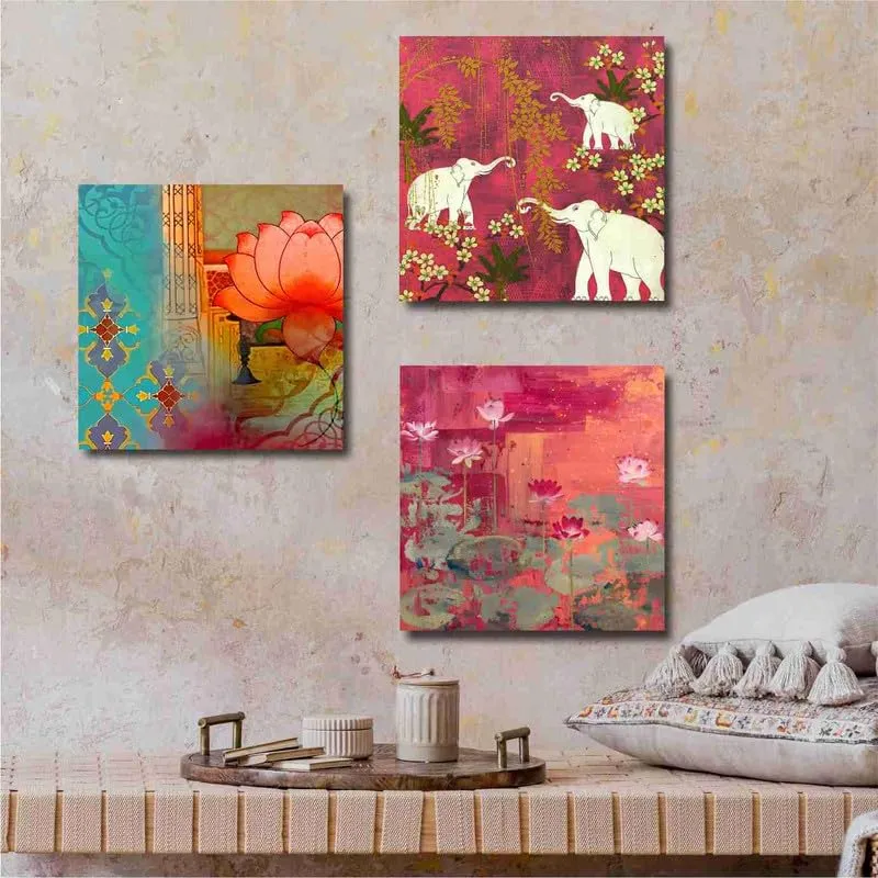 SAF paintings Wooden Framed Canvas Painting ||Set Of 3 Traditional Elephant Canvas Wall Art Painting for Home Décor Office||For Bedrom,Living Room Home wall and Office Interior CR-174