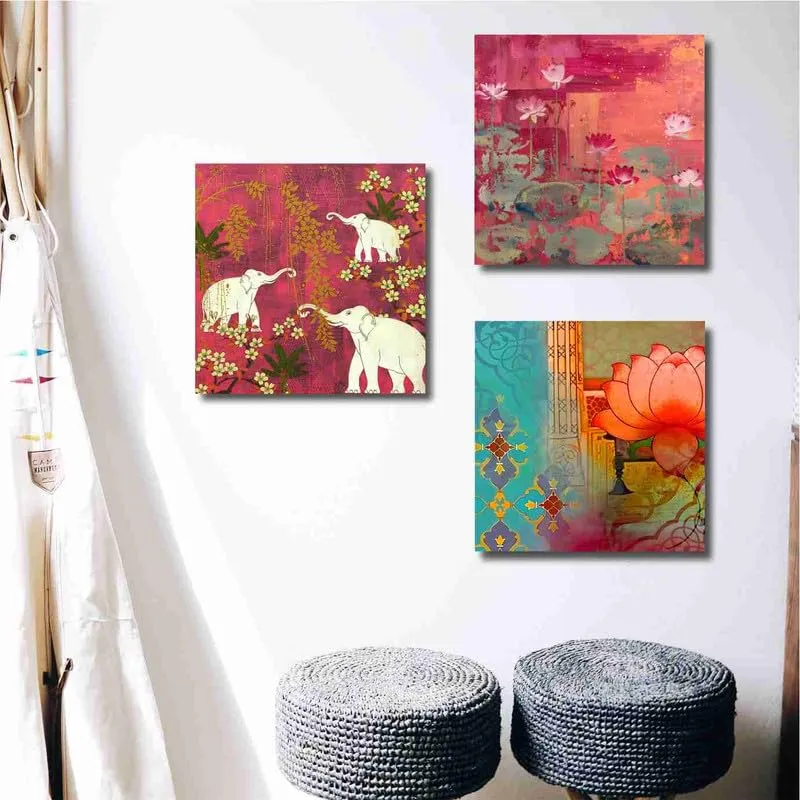 SAF paintings Wooden Framed Canvas Painting ||Set Of 3 Traditional Elephant Canvas Wall Art Painting for Home Décor Office||For Bedrom,Living Room Home wall and Office Interior CR-174