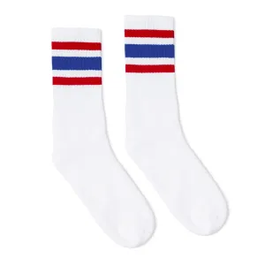 SOCCO Crew Length Socks - WHITE W/ RED AND ROYAL BLUE STRIPES