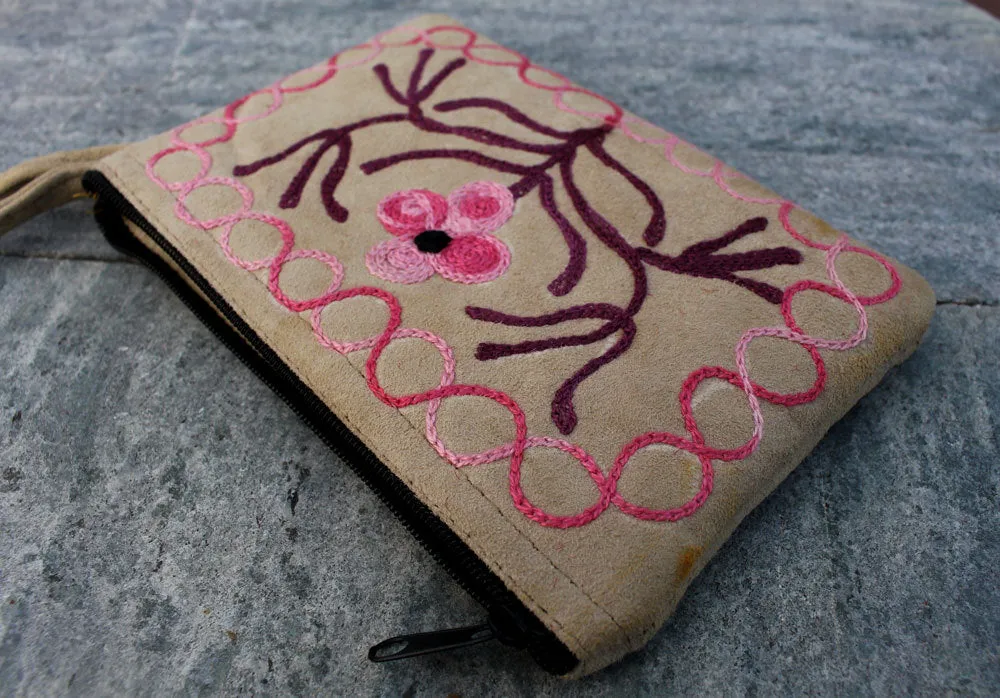 Soft Suede Flower Pattern Embroidered Handmade Coin Purse