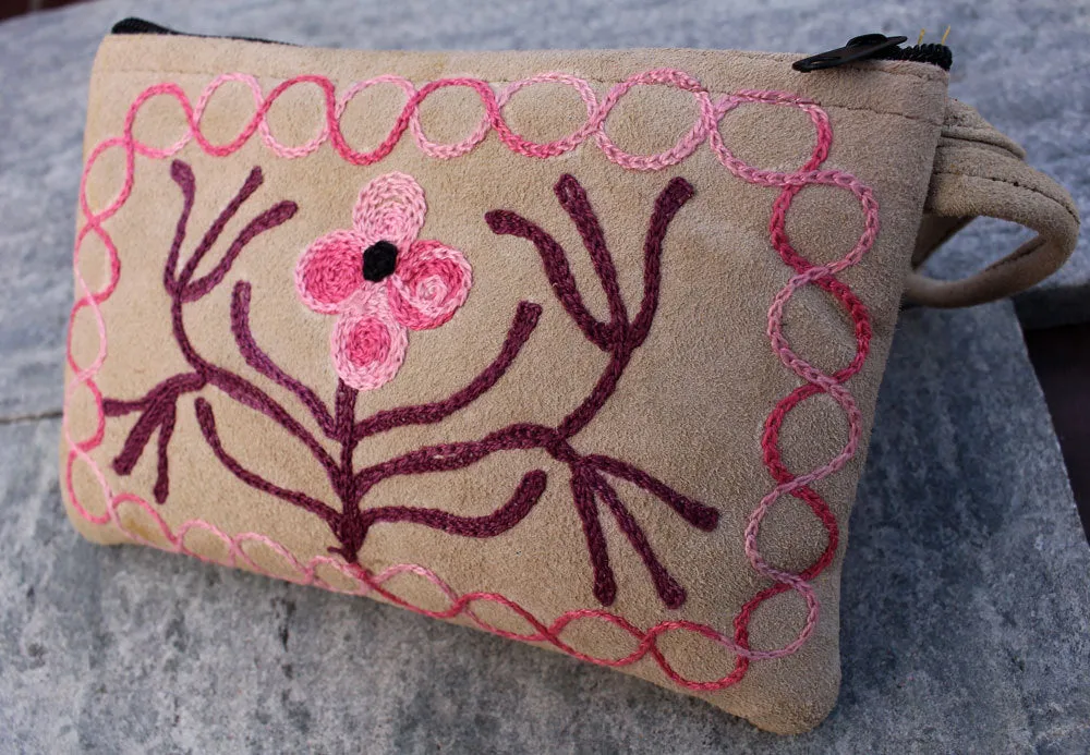 Soft Suede Flower Pattern Embroidered Handmade Coin Purse