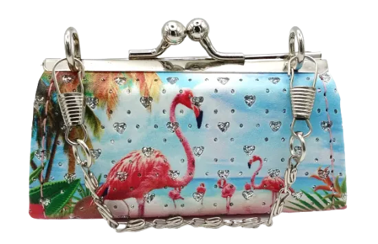 Surfside Florida Boutique Clasp Small Clutch Purse with Crystal Hearts Shape and Flamingo Theme for Kids - Little Girls Rhinestone Bag Gifts