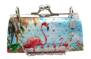 Surfside Florida Boutique Clasp Small Clutch Purse with Crystal Hearts Shape and Flamingo Theme for Kids - Little Girls Rhinestone Bag Gifts