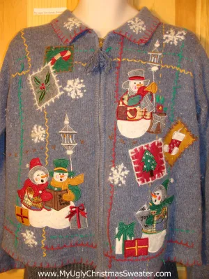 Tacky Cheap Ugly Christmas Sweater with Crafty Quilt-like Design and Festive Carrot Nosed Snowmen (f545)