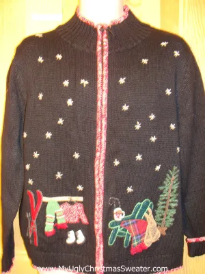 Tacky Ugly Christmas Sweater with 2sided Snowfilled Night Design Getting the Christmas Tree (f211)