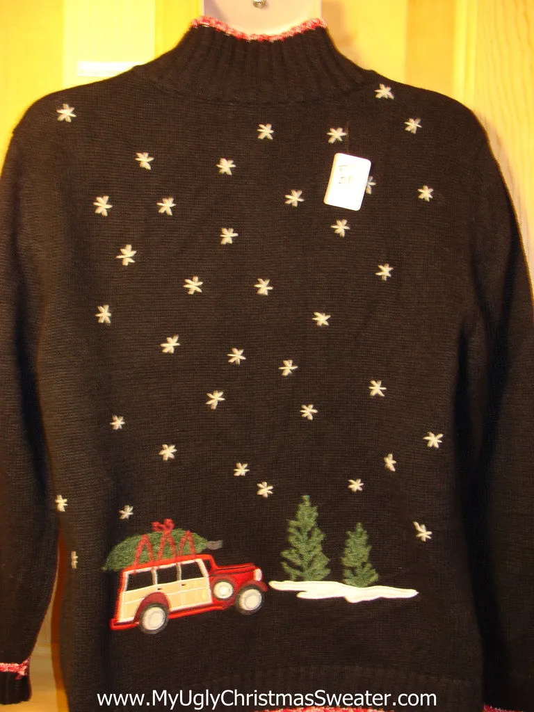 Tacky Ugly Christmas Sweater with 2sided Snowfilled Night Design Getting the Christmas Tree (f211)