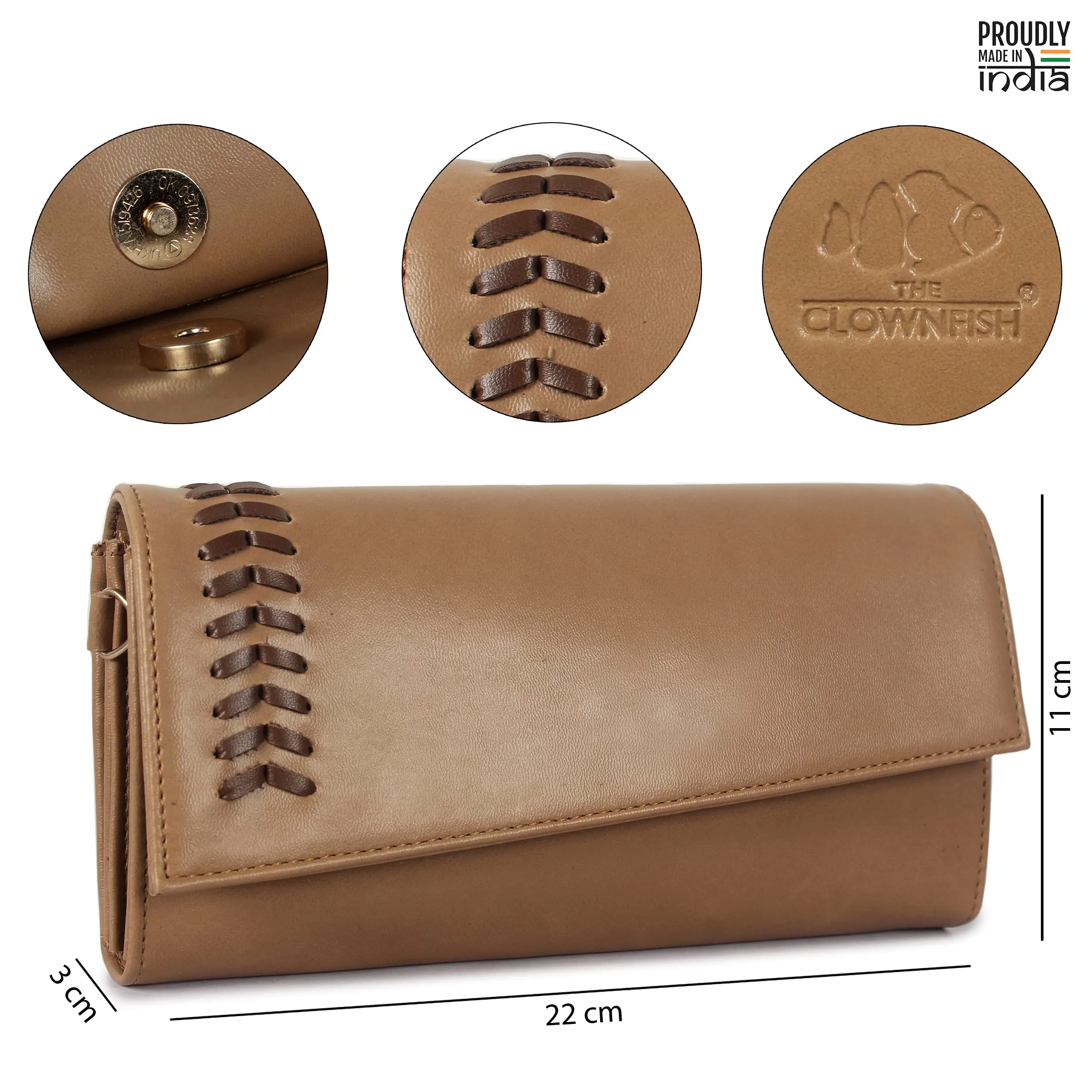 THE CLOWNFISH Myra Collection Womens Wallet Clutch Ladies Purse Sling Bag with Card slots (Light Brown)