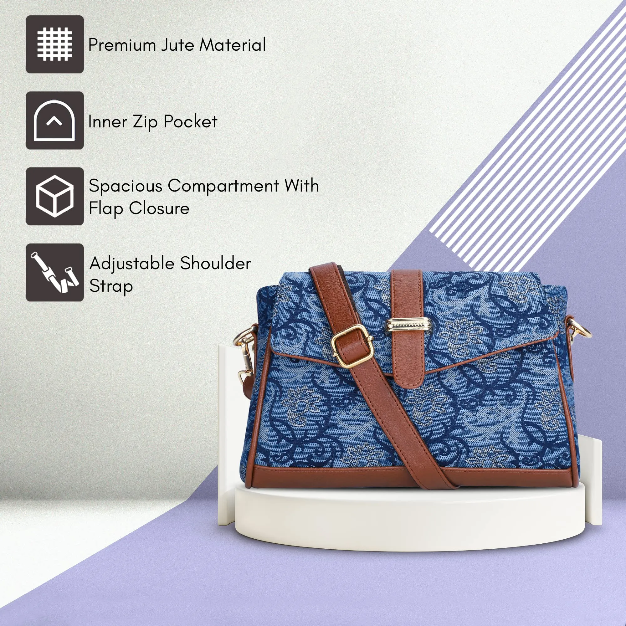 THE CLOWNFISH Odelina Series Printed Handicraft Fabric Sling Bag Handbag for Women Crossbody Bag Office Bag Ladies Single Shoulder Bag with Snap Flap Closure & Shoulder Belt For Women (Blue)