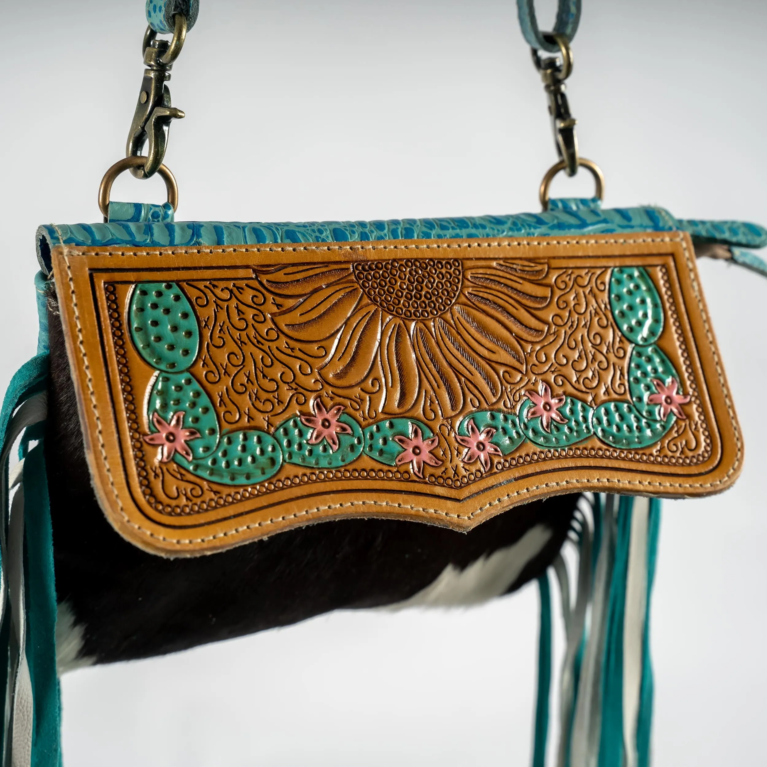 Turquoise Hand-Tooled Cowhide Purse