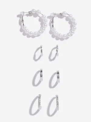 Westside Accessories Silver Faux Pearl Hoop Earrings Set - Pack of 4