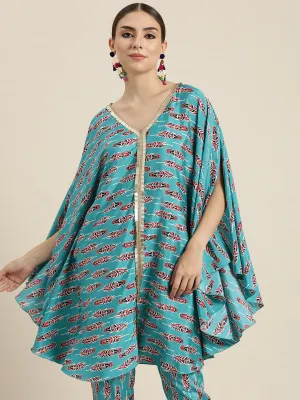 Women Blue Feather Print Lace Detail Kaftan Top