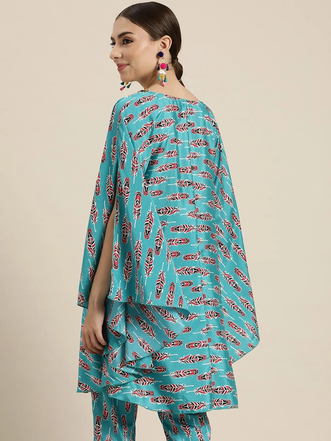 Women Blue Feather Print Lace Detail Kaftan Top