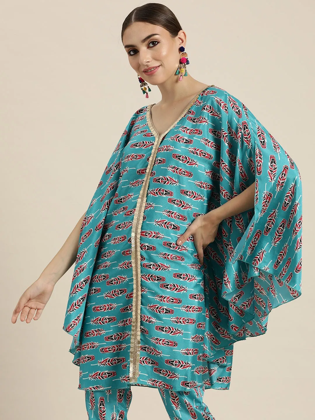 Women Blue Feather Print Lace Detail Kaftan Top