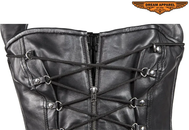 Womens Black Lamb Skin Leather Laces & Zippered Corset