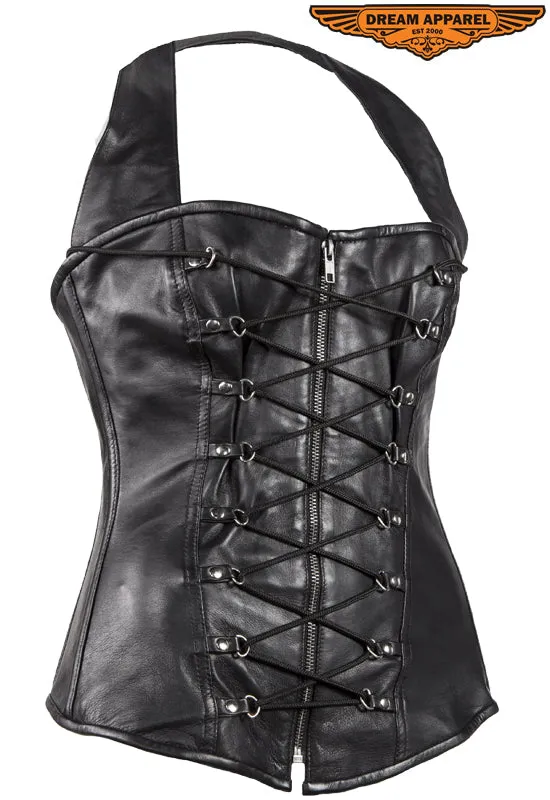 Womens Black Lamb Skin Leather Laces & Zippered Corset