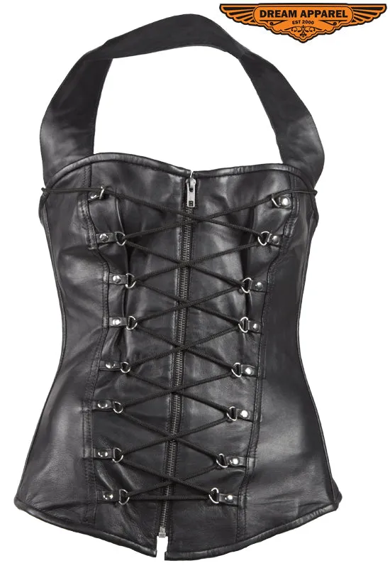 Womens Black Lamb Skin Leather Laces & Zippered Corset