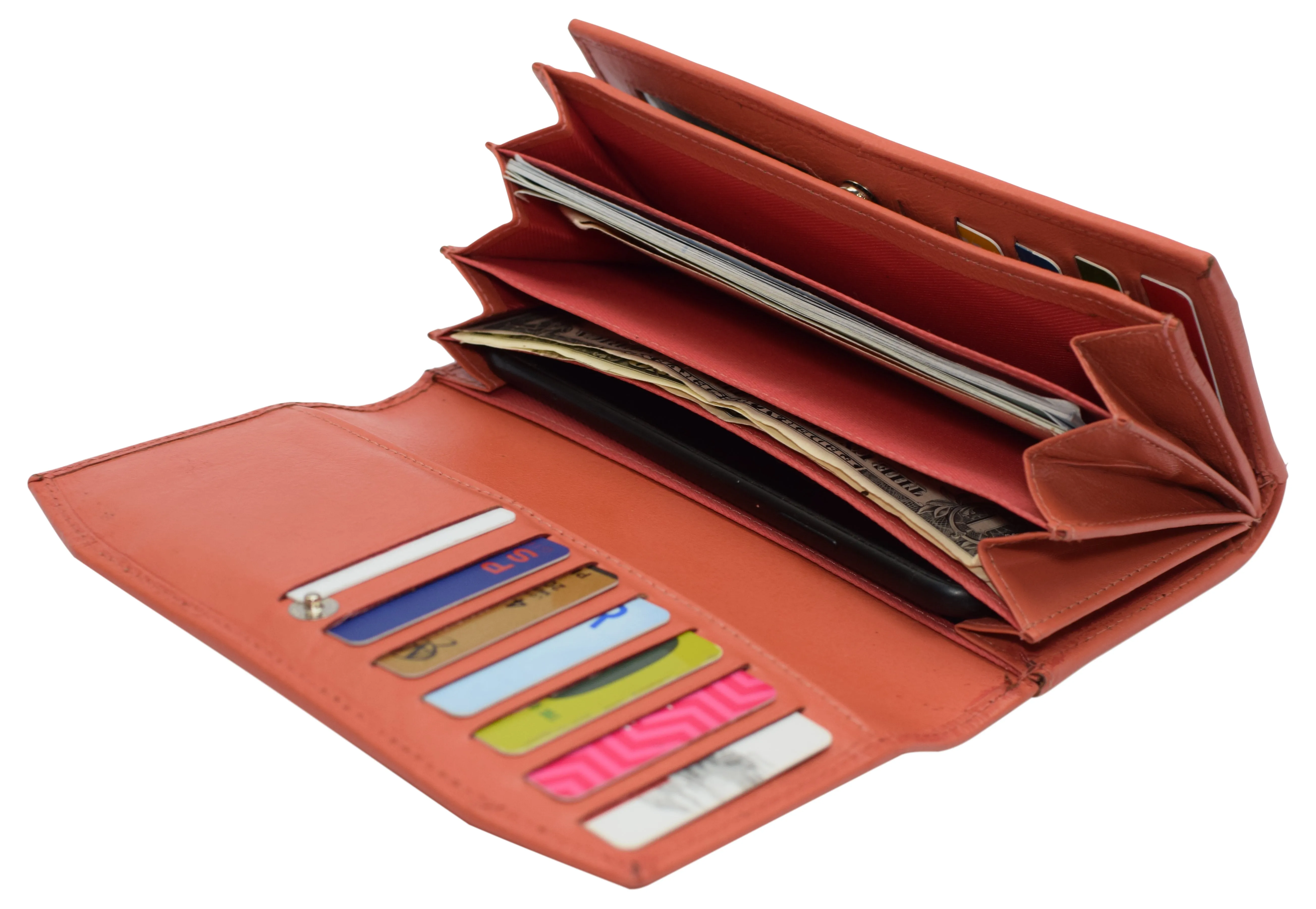 Womens Genuine Leather Wallets RFID Blocking Accordion Trifold Card Holder Ladies Phone Clutch