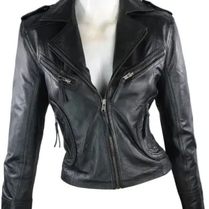 Womens Zipper Design Black Biker Leather Jacket